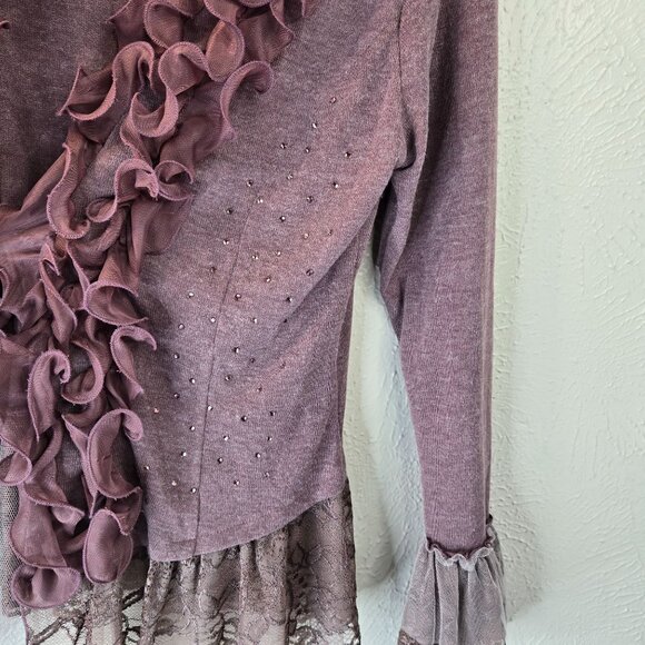 Fairycore Ruffle Cardigan M Purple Lace Bow Rhinestone Y2K Whimsigoth Sweater - Picture 13 of 13